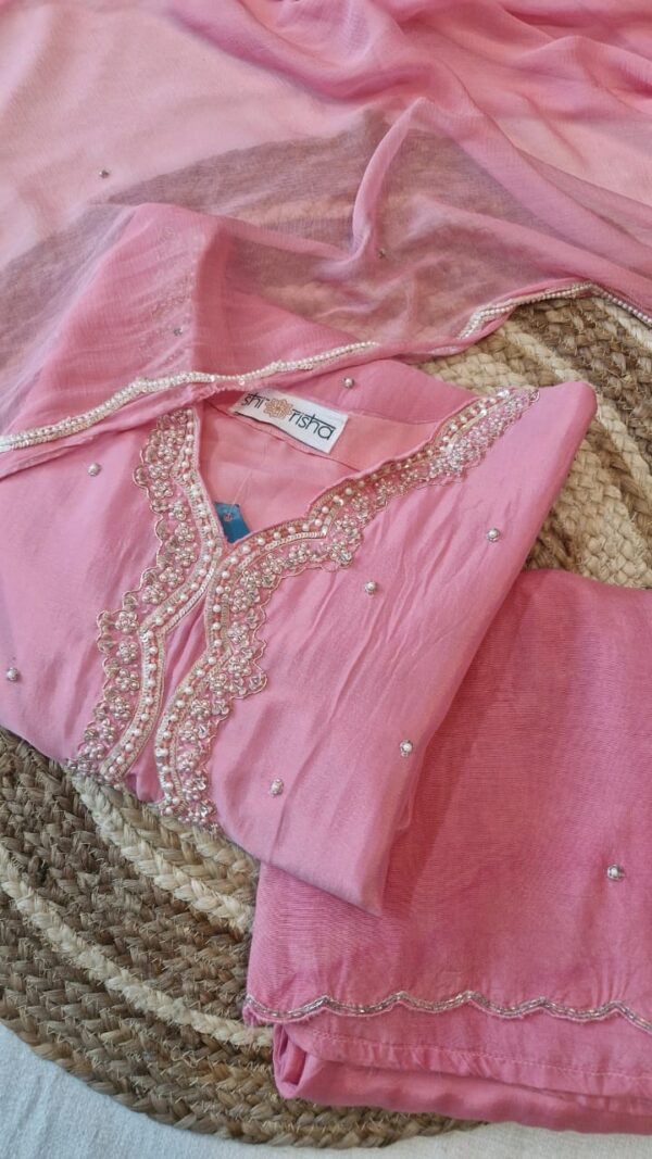 Baby Pink Chinnon Kurta Pant Duptta Set .