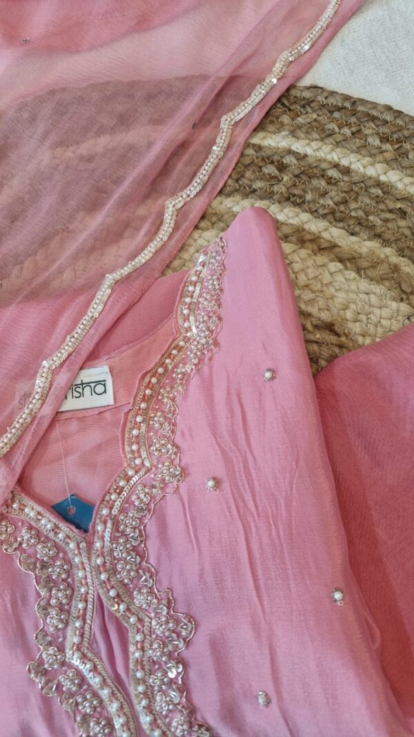 Baby Pink Chinnon Kurta Pant Duptta Set .