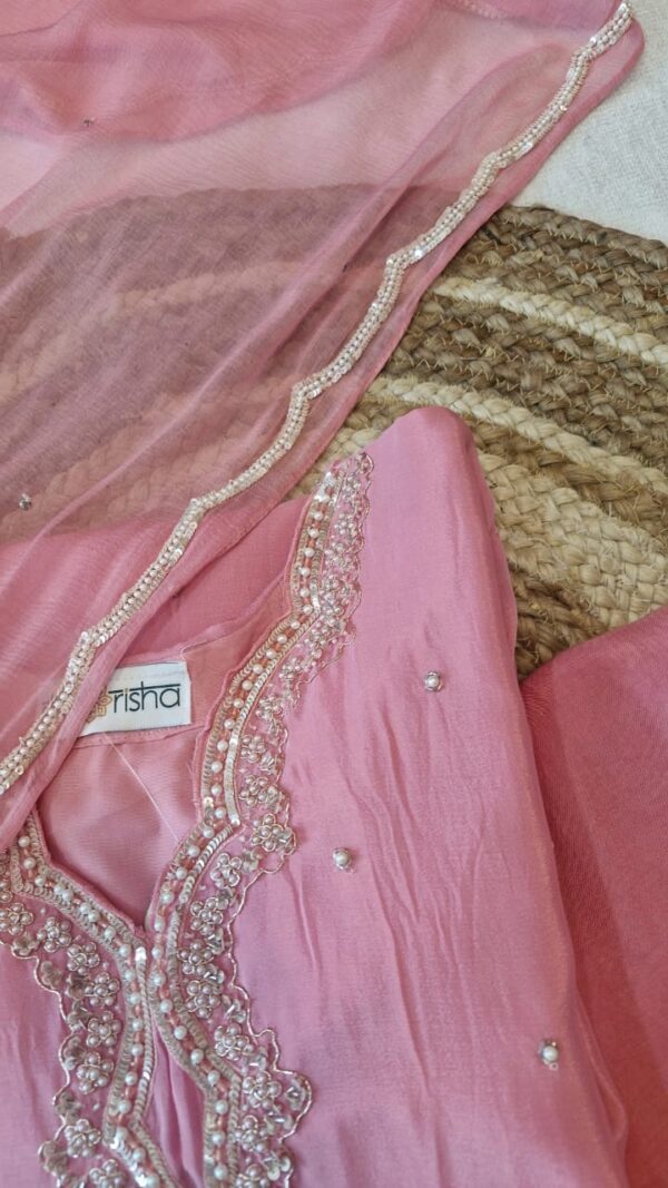 Baby Pink Chinnon Kurta Pant Duptta Set .