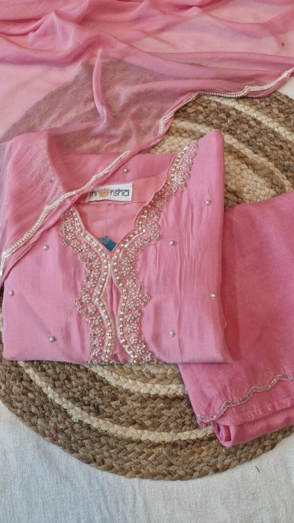 Baby Pink Chinnon Kurta Pant Duptta Set .
