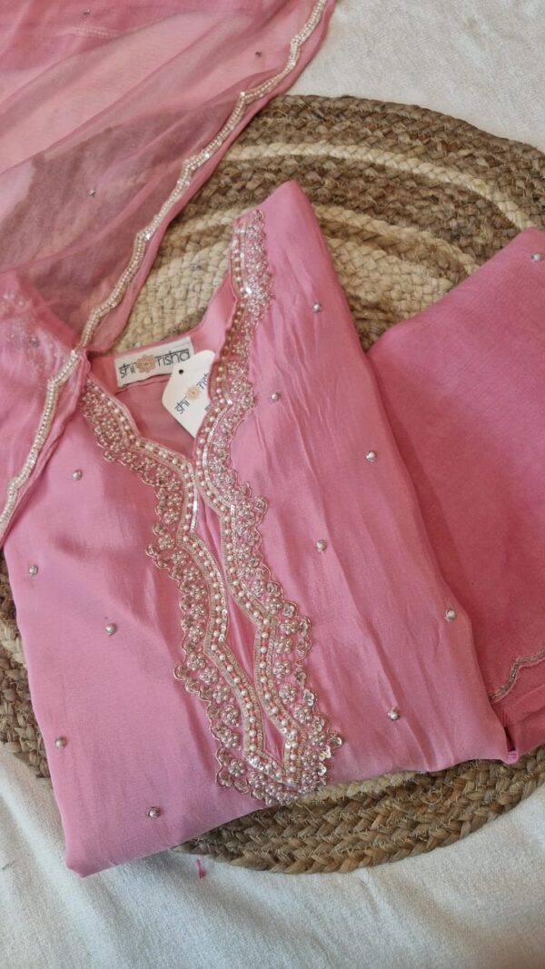Baby Pink Chinnon Kurta Pant Duptta Set .