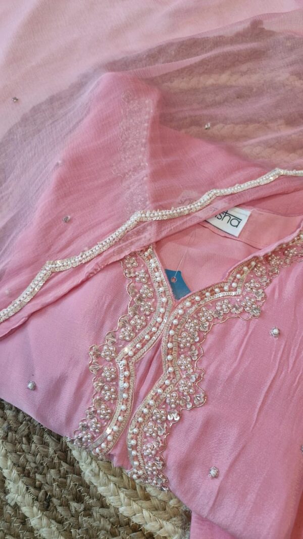 Baby Pink Chinnon Kurta Pant Duptta Set .