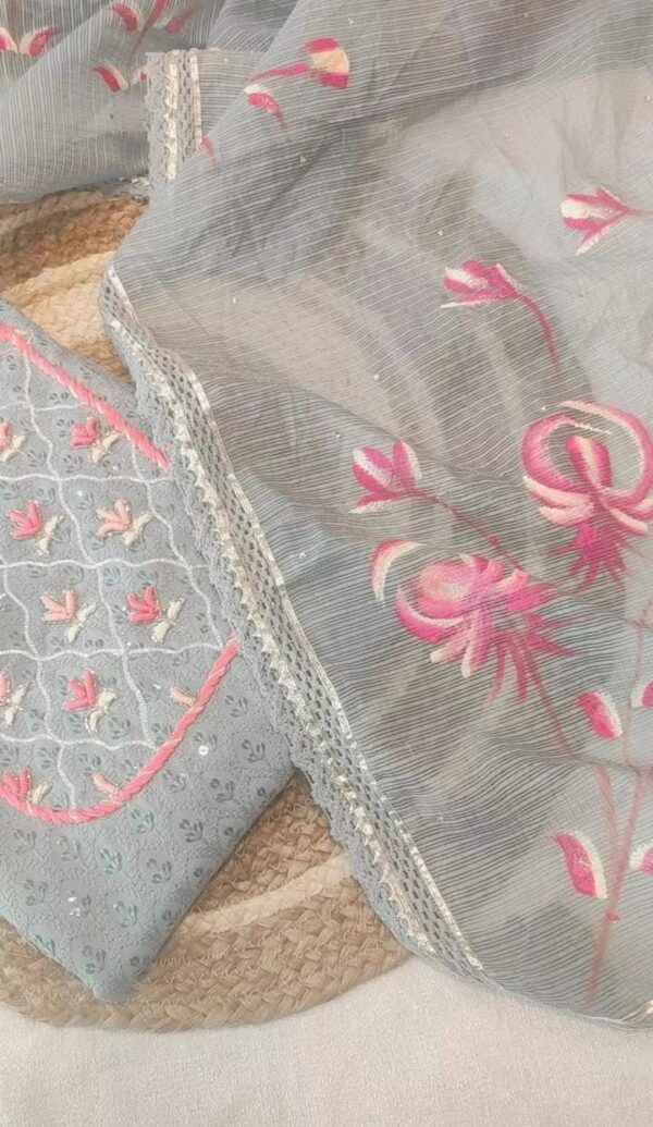 Chikankari Thread Work Suit With Kota Handpainted Duppta .