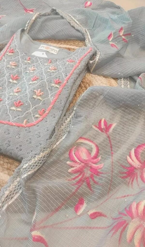 Chikankari Thread Work Suit With Kota Handpainted Duppta .